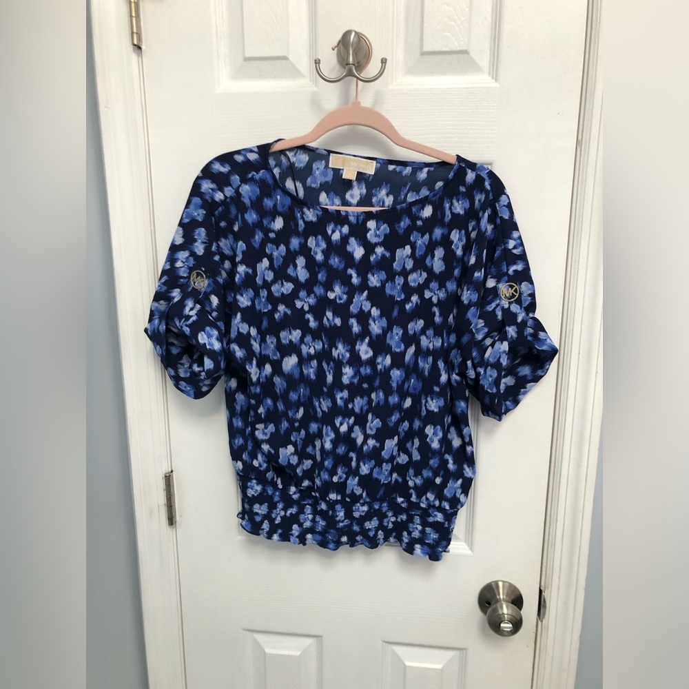 Michael Kors Abstract Floral Print Logo Smocked Sleeve Blouse M Women’s Top
